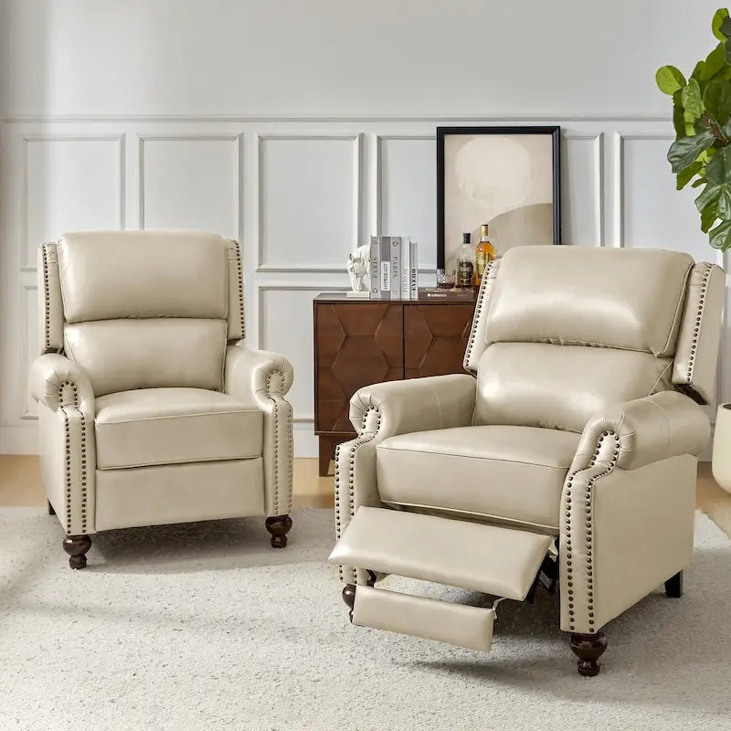 Ensemble de 2 fauteuils inclinables Gabriela en cuir véritable, style moderne du milieu du siècle, ornés de clous décoratifs, par HULALA HOME