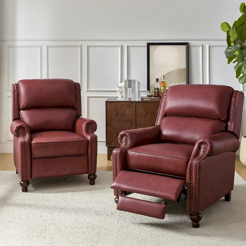Ensemble de 2 fauteuils inclinables Gabriela en cuir véritable, style moderne du milieu du siècle, ornés de clous décoratifs, par HULALA HOME