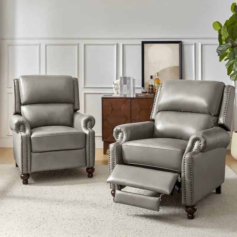Ensemble de 2 fauteuils inclinables Gabriela en cuir véritable, style moderne du milieu du siècle, ornés de clous décoratifs, par HULALA HOME