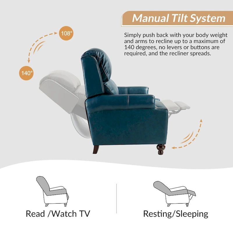 Ensemble de 2 fauteuils inclinables Gabriela en cuir véritable, style moderne du milieu du siècle, ornés de clous décoratifs, par HULALA HOME