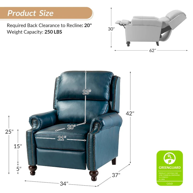 Ensemble de 2 fauteuils inclinables Gabriela en cuir véritable, style moderne du milieu du siècle, ornés de clous décoratifs, par HULALA HOME