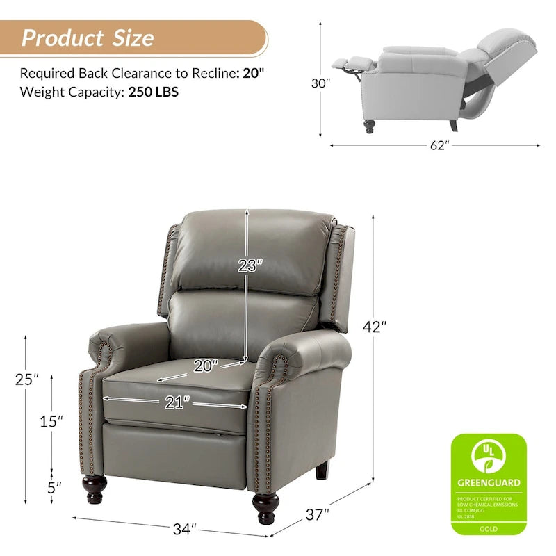 Ensemble de 2 fauteuils inclinables Gabriela en cuir véritable, style moderne du milieu du siècle, ornés de clous décoratifs, par HULALA HOME