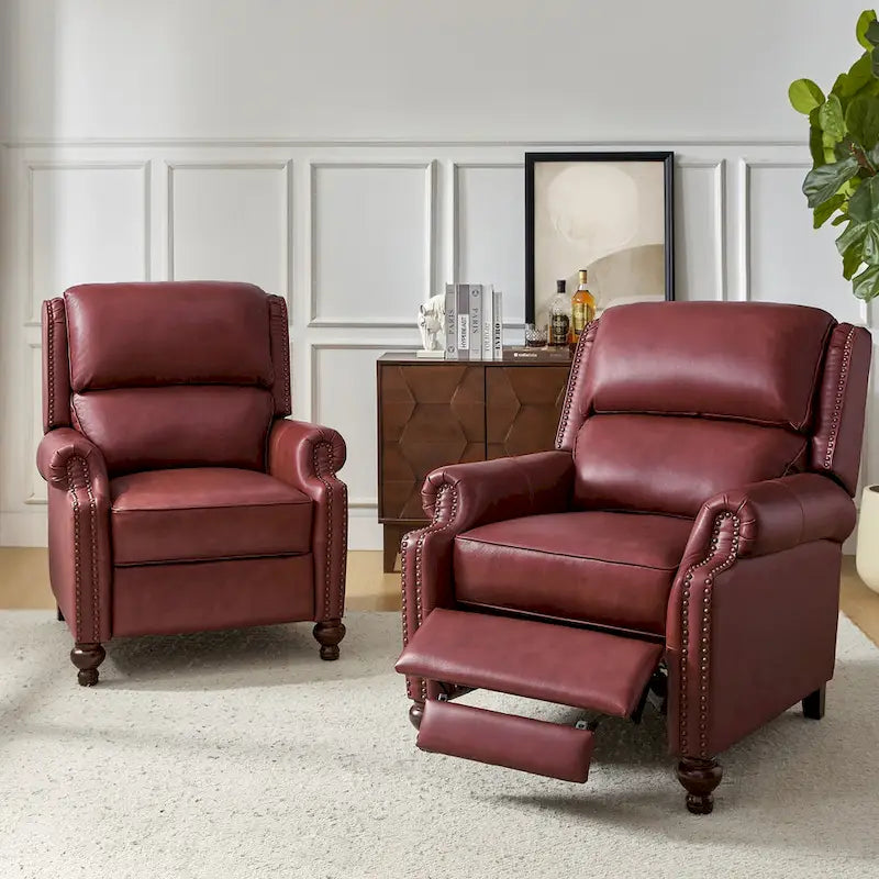 Ensemble de 2 fauteuils inclinables Gabriela en cuir véritable, style moderne du milieu du siècle, ornés de clous décoratifs, par HULALA HOME