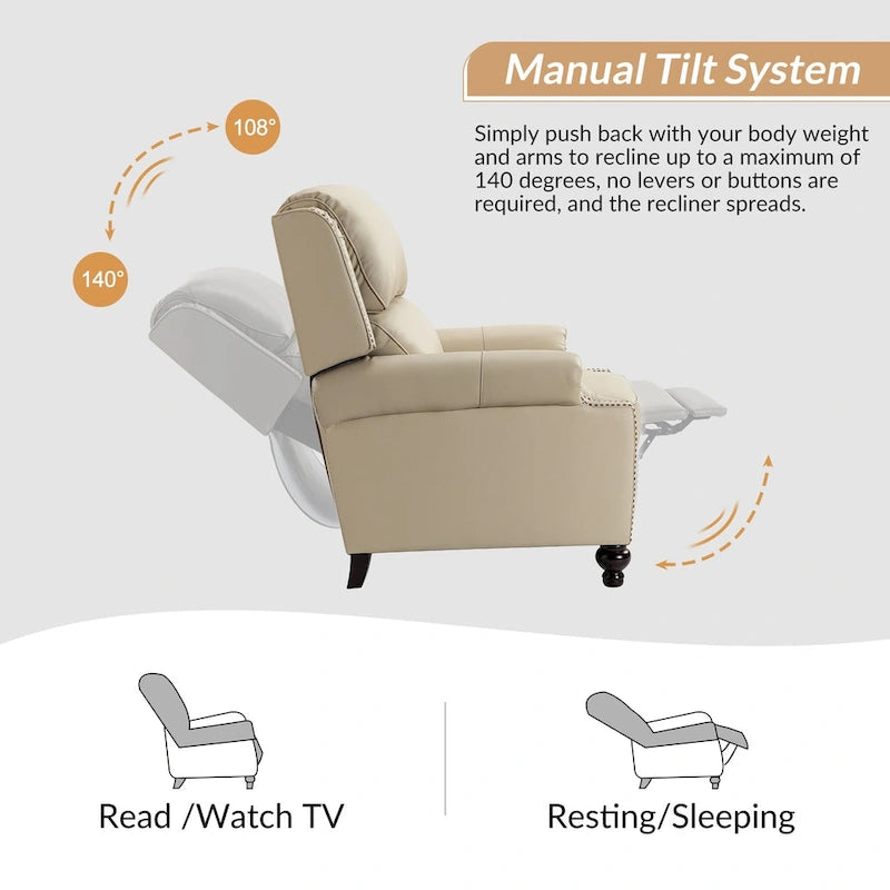 Ensemble de 2 fauteuils inclinables Gabriela en cuir véritable, style moderne du milieu du siècle, ornés de clous décoratifs, par HULALA HOME