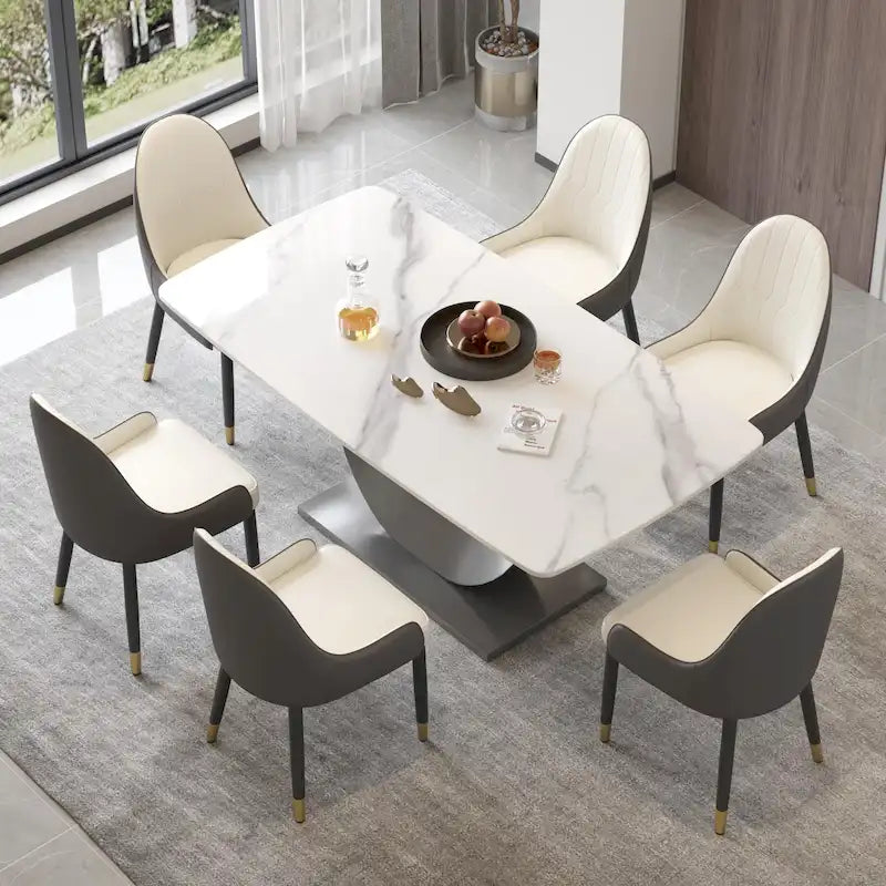 Table de salle à manger moderne, plateau incurvé en pierre frittée avec pied en forme de lune