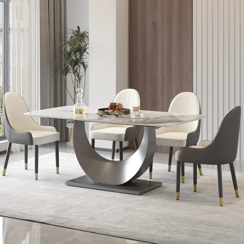 Table de salle à manger moderne, plateau incurvé en pierre frittée avec pied en forme de lune