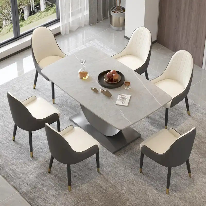 Table de salle à manger moderne, plateau incurvé en pierre frittée avec pied en forme de lune