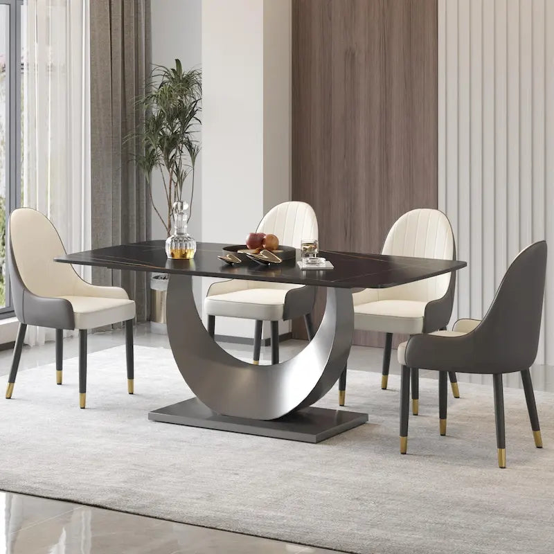 Table de salle à manger moderne, plateau incurvé en pierre frittée avec pied en forme de lune
