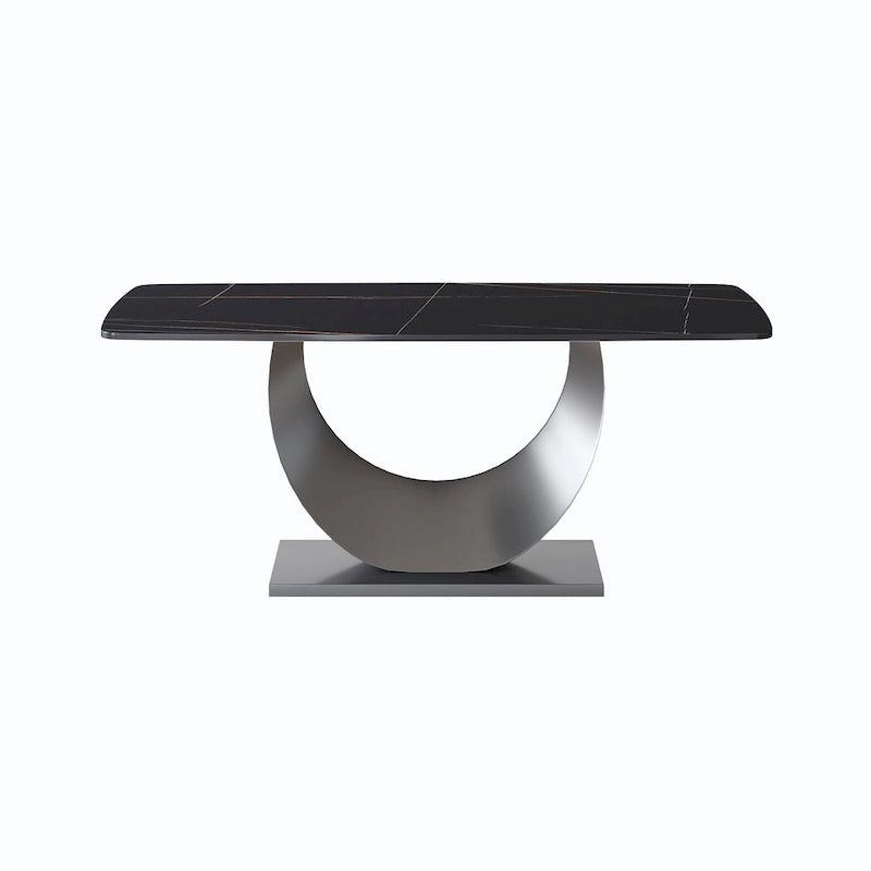 Table de salle à manger moderne, plateau incurvé en pierre frittée avec pied en forme de lune