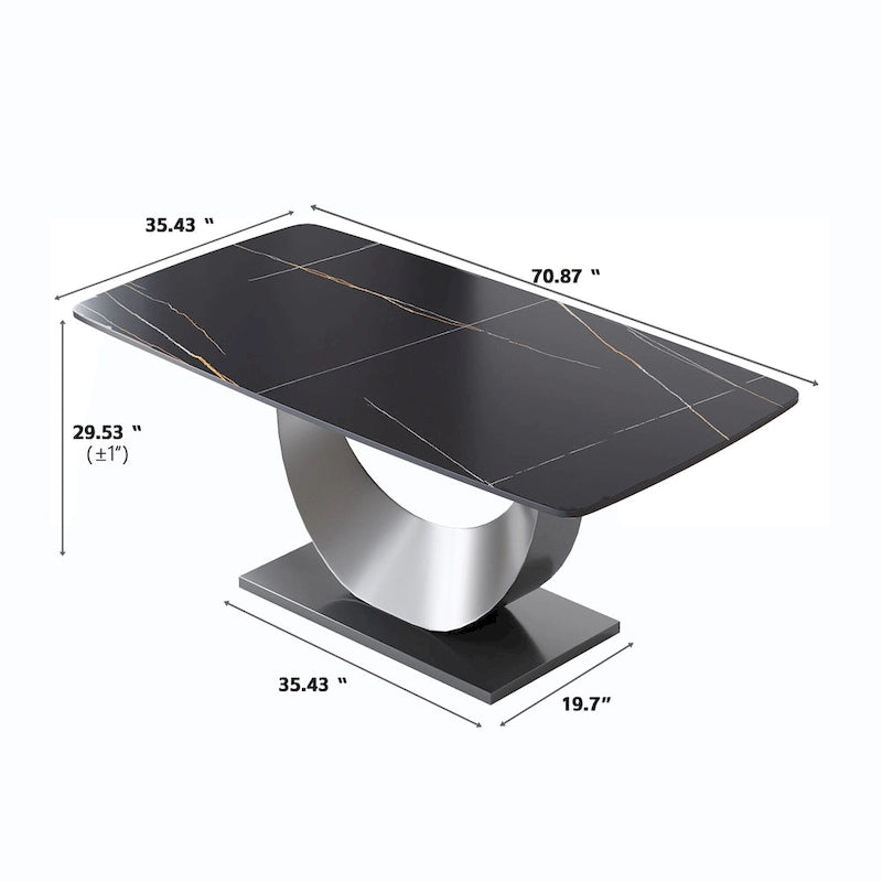 Table de salle à manger moderne, plateau incurvé en pierre frittée avec pied en forme de lune