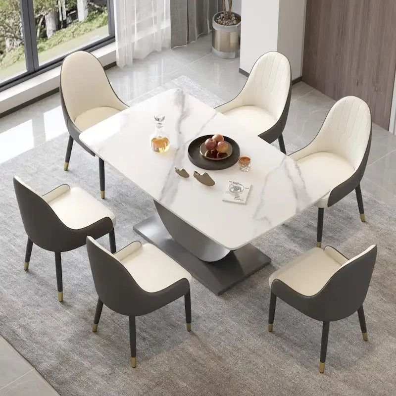 Table de salle à manger moderne, plateau incurvé en pierre frittée avec pied en forme de lune