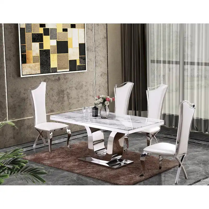 Ensemble de salle à manger 5 pièces en marbre blanc véritable de luxe, mobilier de qualité supérieure