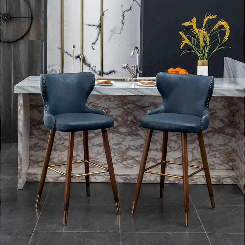 Ensemble de 2 tabourets de bar Roundhill Furniture Nevis, style moderne du milieu du siècle, en similicuir capitonné avec garniture cloutée