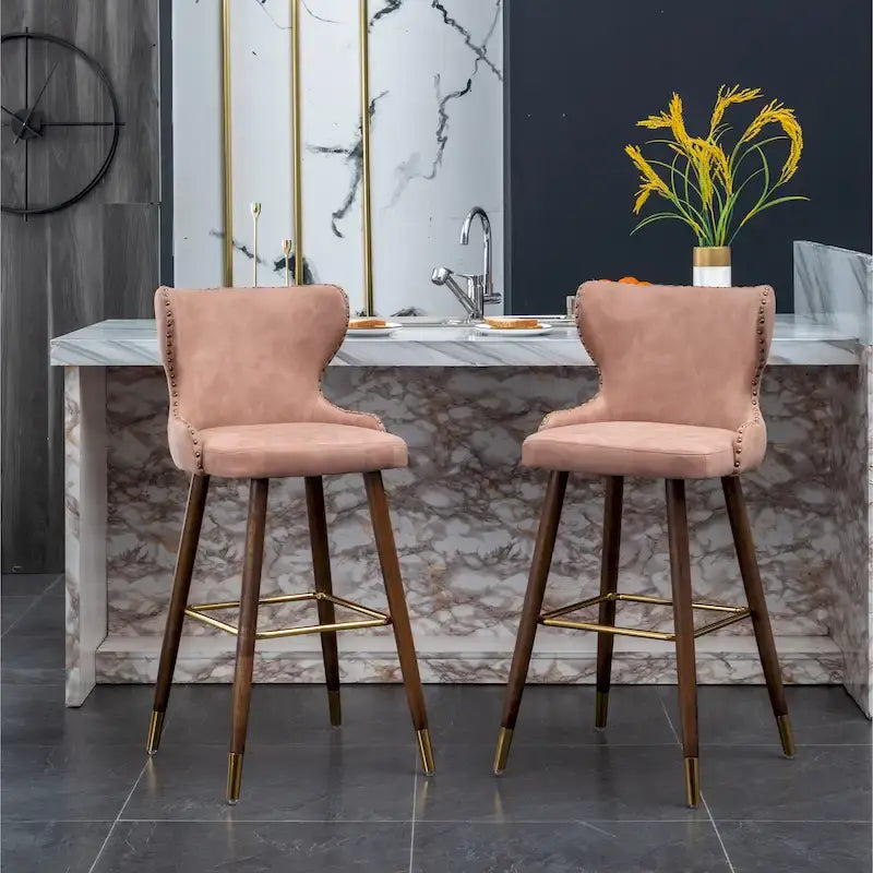 Ensemble de 2 tabourets de bar Roundhill Furniture Nevis, style moderne du milieu du siècle, en similicuir capitonné avec garniture cloutée