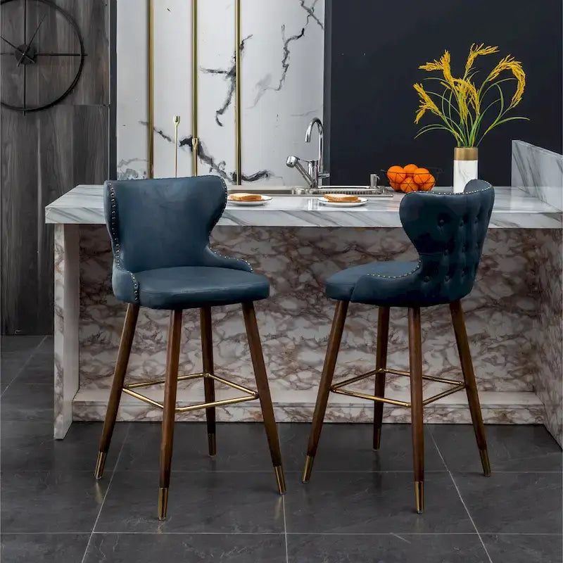 Ensemble de 2 tabourets de bar Roundhill Furniture Nevis, style moderne du milieu du siècle, en similicuir capitonné avec garniture cloutée