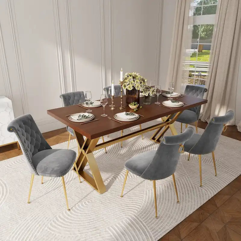 Ensemble de salle à manger Clihome en bois de Walut (7 pièces) avec chaise en velours