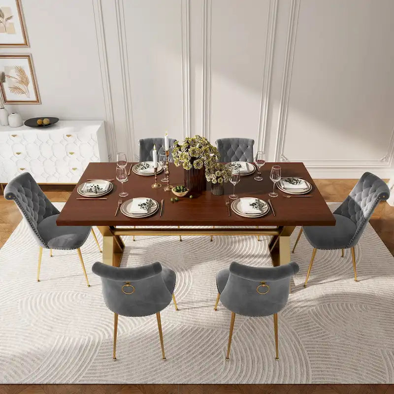 Ensemble de salle à manger Clihome en bois de Walut (7 pièces) avec chaise en velours