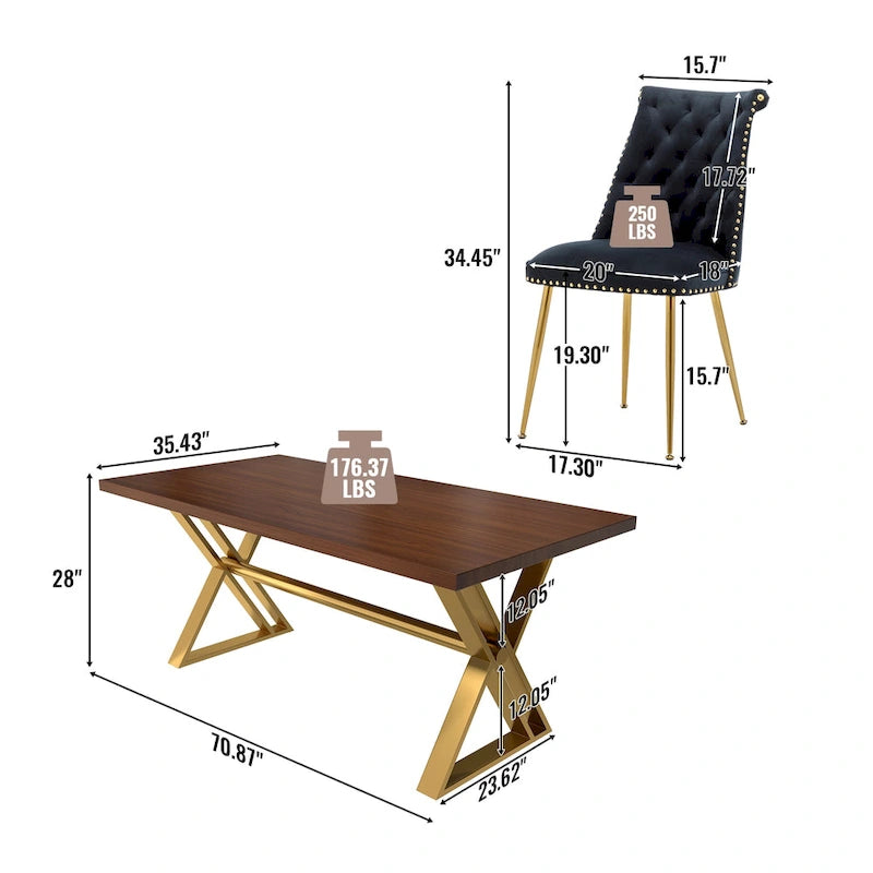 Ensemble de salle à manger Clihome en bois de Walut (7 pièces) avec chaise en velours