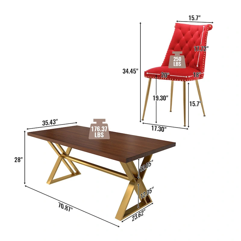 Ensemble de salle à manger Clihome en bois de Walut (7 pièces) avec chaise en velours