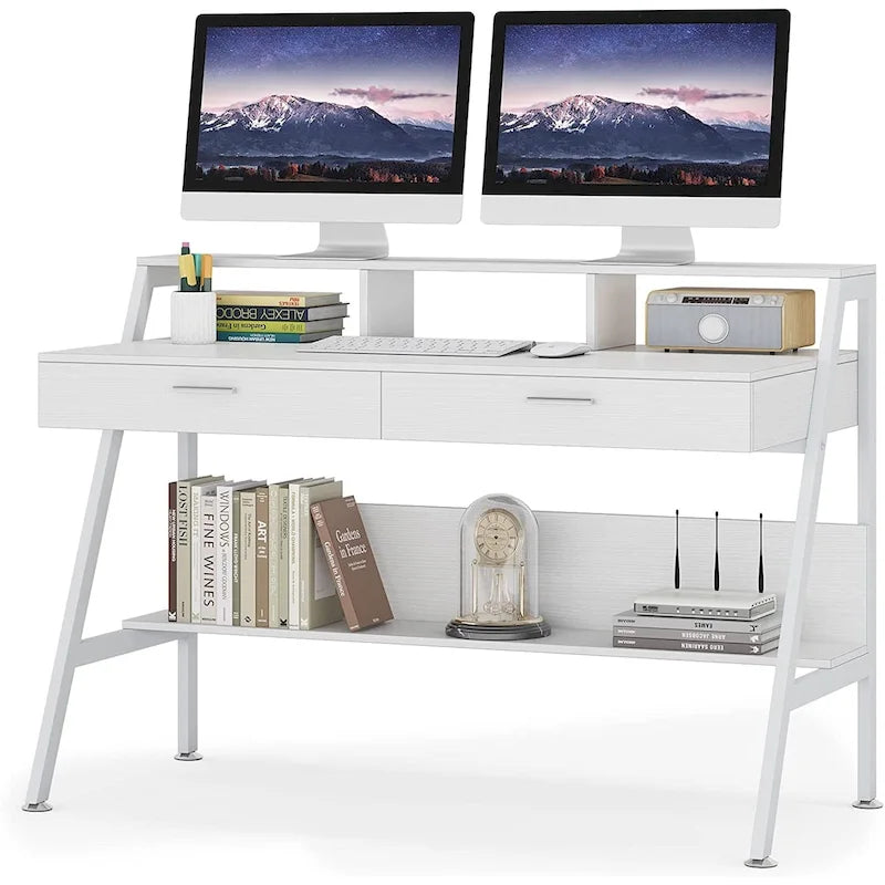 Bureau d'ordinateur avec 2 tiroirs et une étagère de rangement, support pour écran