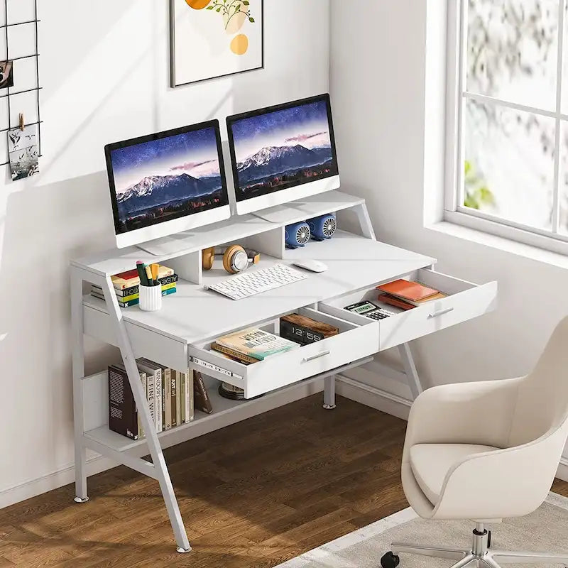 Bureau d'ordinateur avec 2 tiroirs et une étagère de rangement, support pour écran