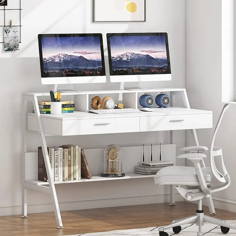 Bureau d'ordinateur avec 2 tiroirs et une étagère de rangement, support pour écran