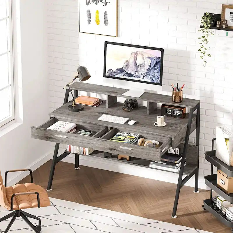 Bureau d'ordinateur avec 2 tiroirs et une étagère de rangement, support pour écran