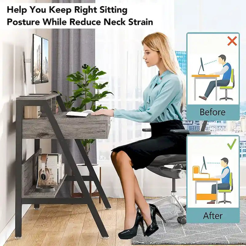 Bureau d'ordinateur avec 2 tiroirs et une étagère de rangement, support pour écran