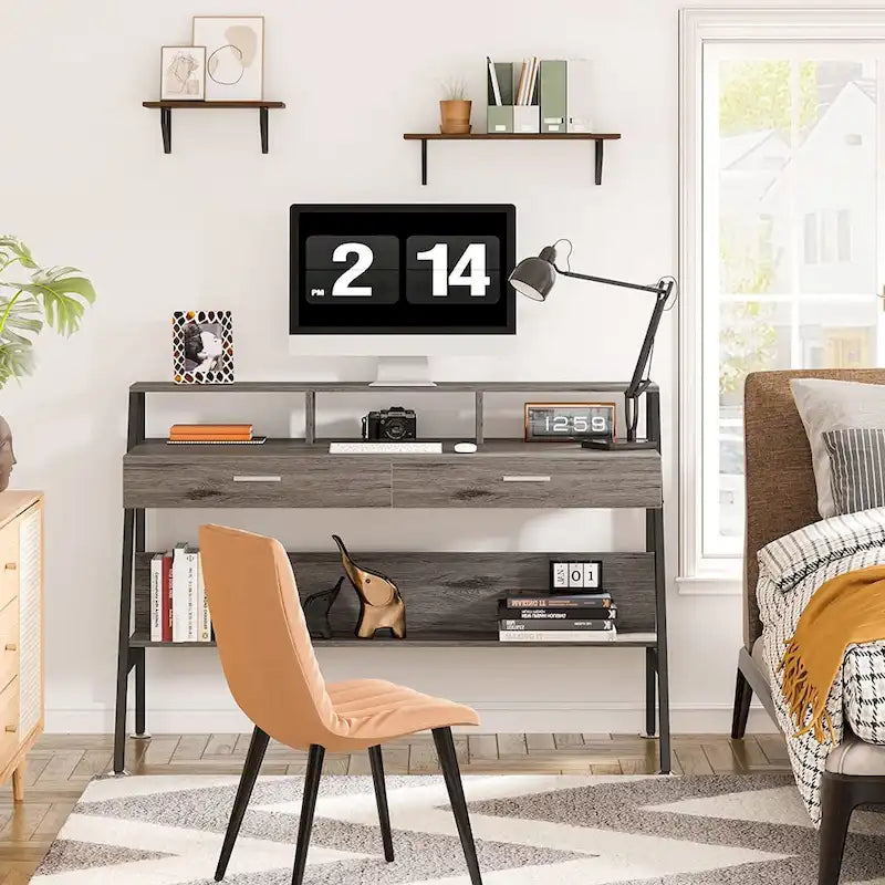 Bureau d'ordinateur avec 2 tiroirs et une étagère de rangement, support pour écran