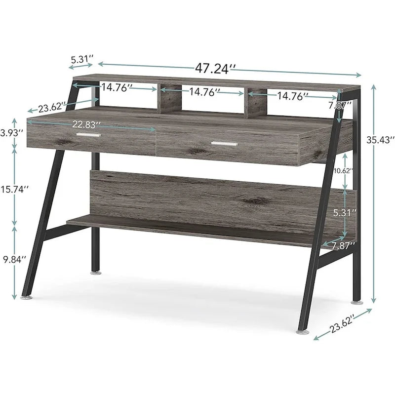 Bureau d'ordinateur avec 2 tiroirs et une étagère de rangement, support pour écran