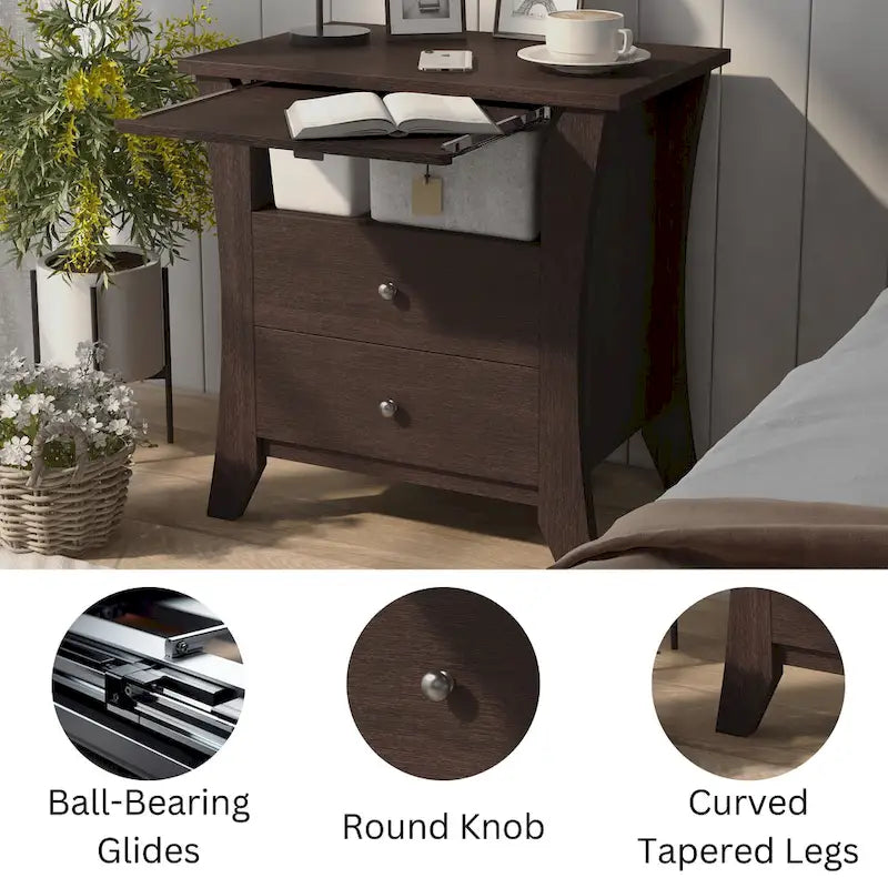 Table de chevet Mendolla Transitional en bois à 2 tiroirs avec étagère, par Furniture of America