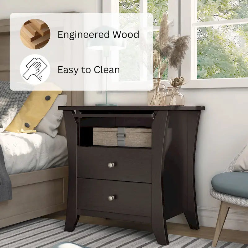 Table de chevet Mendolla Transitional en bois à 2 tiroirs avec étagère, par Furniture of America