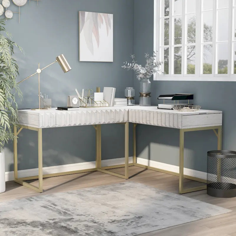 Bureau d'ordinateur en forme de L avec plateau relevable Bird Glam en métal et ports USB, par Furniture of America