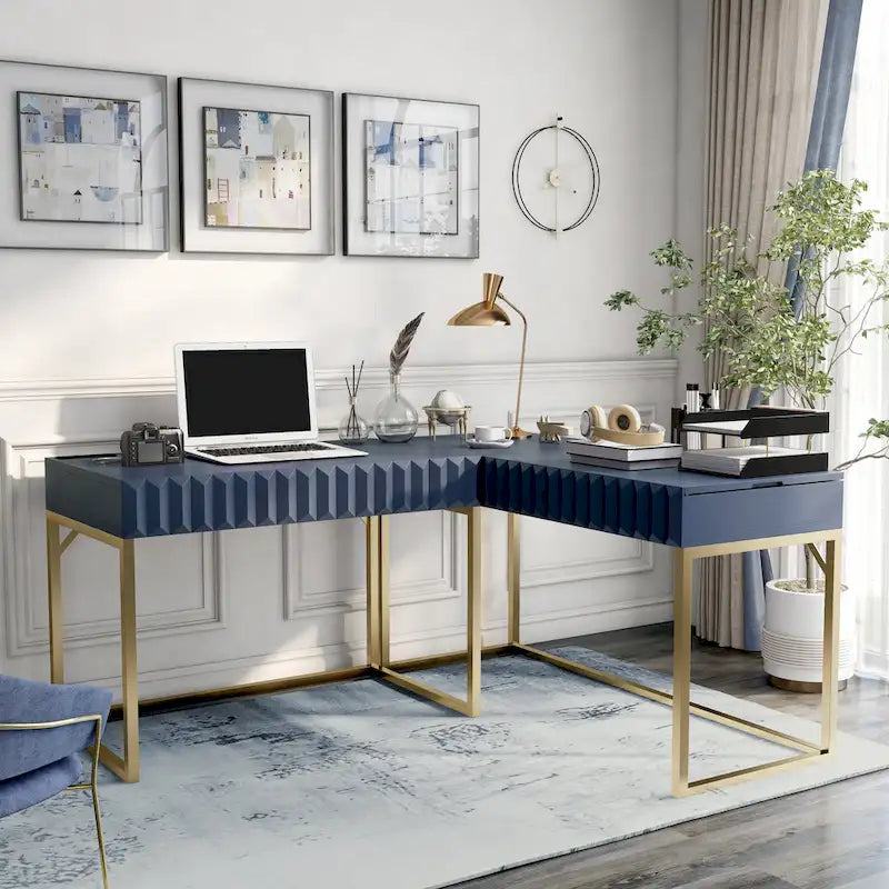 Bureau d'ordinateur en forme de L avec plateau relevable Bird Glam en métal et ports USB, par Furniture of America