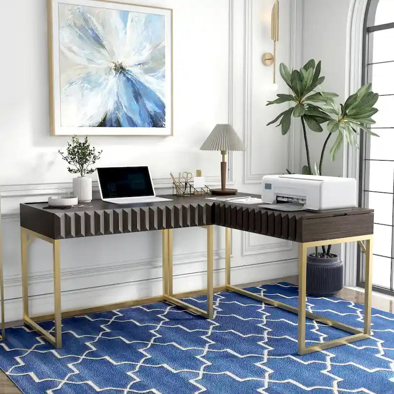 Bureau d'ordinateur en forme de L avec plateau relevable Bird Glam en métal et ports USB, par Furniture of America