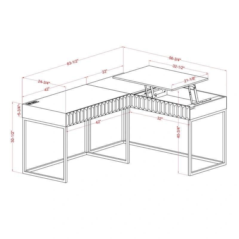 Bureau d'ordinateur en forme de L avec plateau relevable Bird Glam en métal et ports USB, par Furniture of America