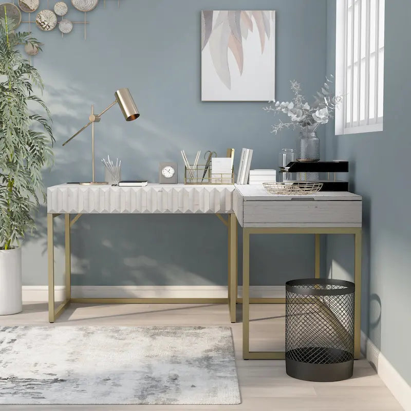 Bureau d'ordinateur en forme de L avec plateau relevable Bird Glam en métal et ports USB, par Furniture of America