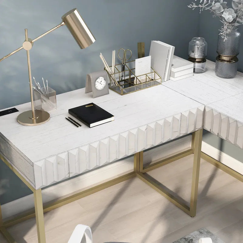 Bureau d'ordinateur en forme de L avec plateau relevable Bird Glam en métal et ports USB, par Furniture of America