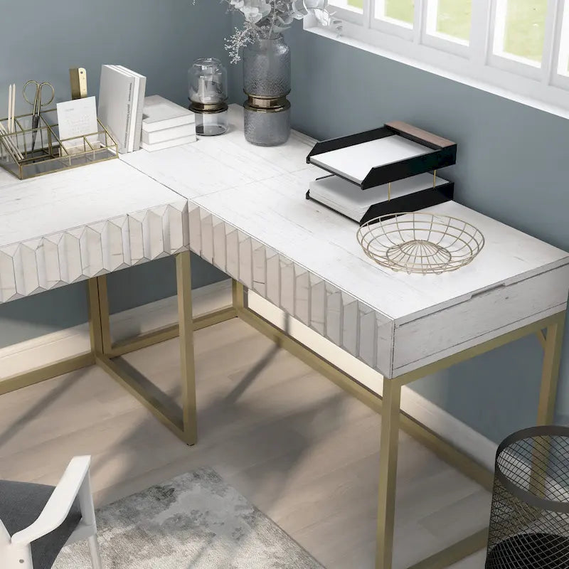 Bureau d'ordinateur en forme de L avec plateau relevable Bird Glam en métal et ports USB, par Furniture of America