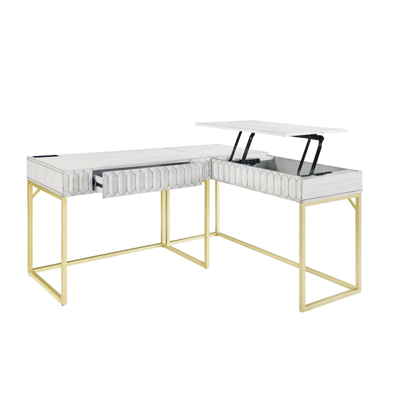 Bureau d'ordinateur en forme de L avec plateau relevable Bird Glam en métal et ports USB, par Furniture of America