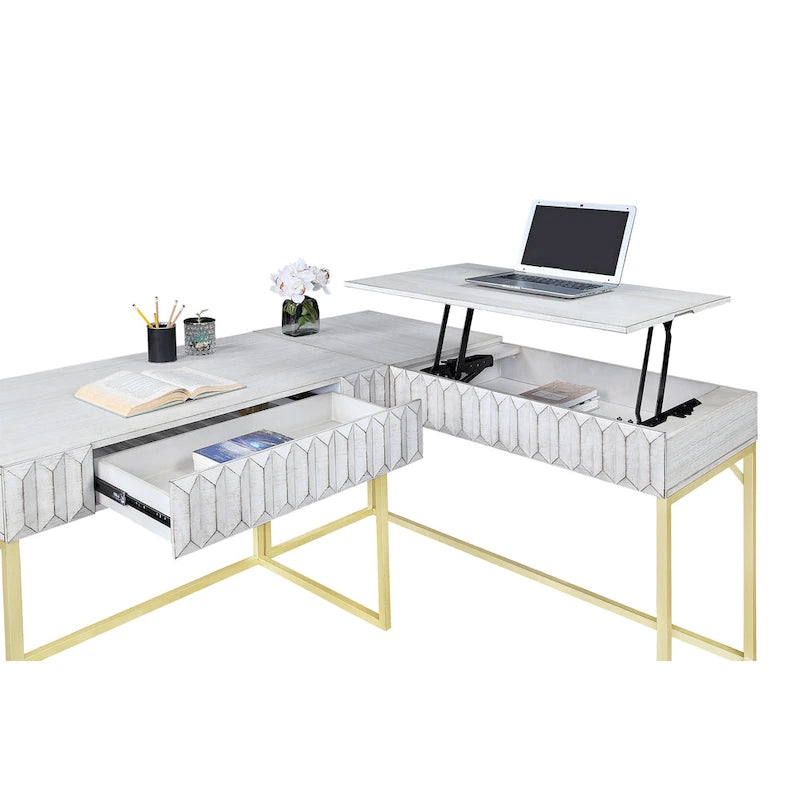 Bureau d'ordinateur en forme de L avec plateau relevable Bird Glam en métal et ports USB, par Furniture of America