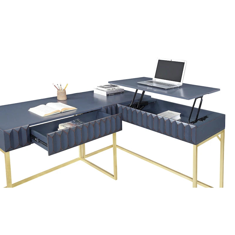 Bureau d'ordinateur en forme de L avec plateau relevable Bird Glam en métal et ports USB, par Furniture of America