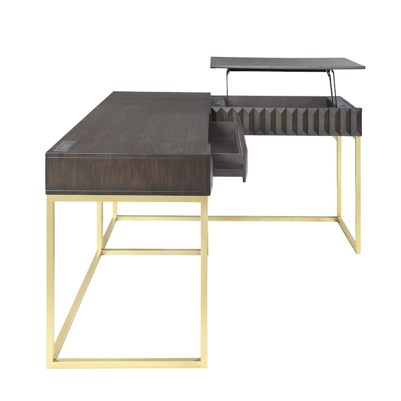 Bureau d'ordinateur en forme de L avec plateau relevable Bird Glam en métal et ports USB, par Furniture of America