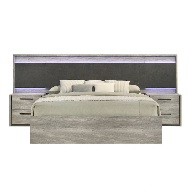 Lit mural LED Lenca de Roundhill Furniture avec tables de chevet, commode, miroir et chiffonnier - Gris vieilli