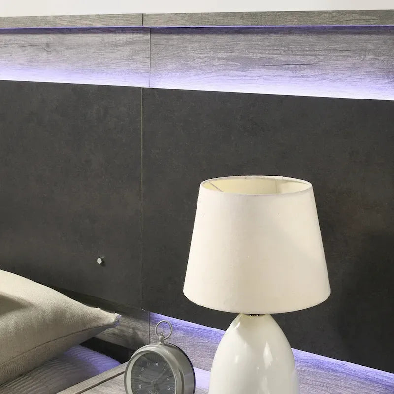 Lit mural LED Lenca de Roundhill Furniture avec tables de chevet, commode, miroir et chiffonnier - Gris vieilli