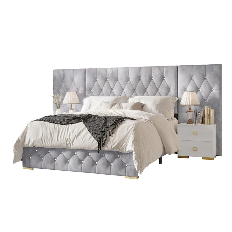 Ensemble de 3 tables de chevet CraftPorch pour chambre à coucher, lit plateforme capitonné en velours luxueux