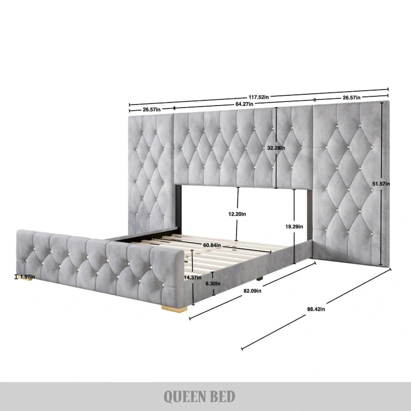 Ensemble de 3 tables de chevet CraftPorch pour chambre à coucher, lit plateforme capitonné en velours luxueux