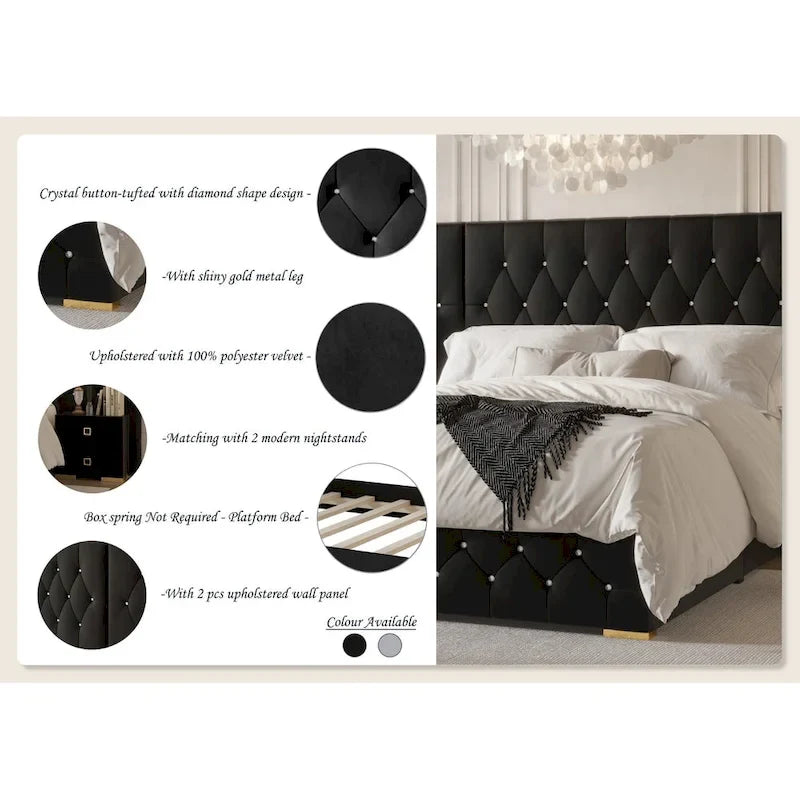 Ensemble de 3 tables de chevet CraftPorch pour chambre à coucher, lit plateforme capitonné en velours luxueux