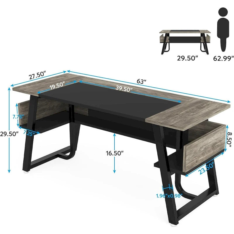 Grand bureau de direction de 63 pouces avec étagères inférieures