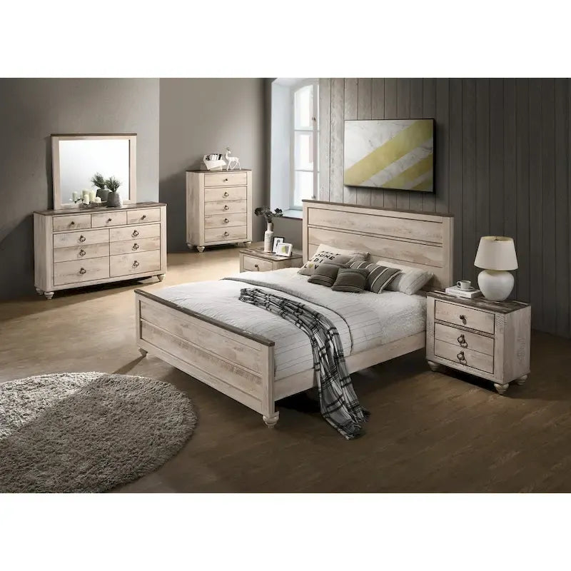 Ensemble de chambre à coucher contemporain Roundhill Furniture Imerland, blanc délavé, format King, 6 pièces